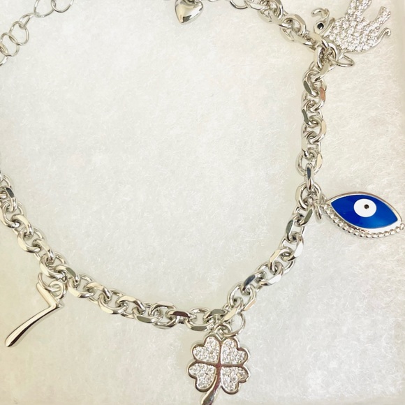 Lucky Charms Charm Bracelet |Evil Eye Shamrock Elephant Seven| White Gold Filled - Picture 8 of 9